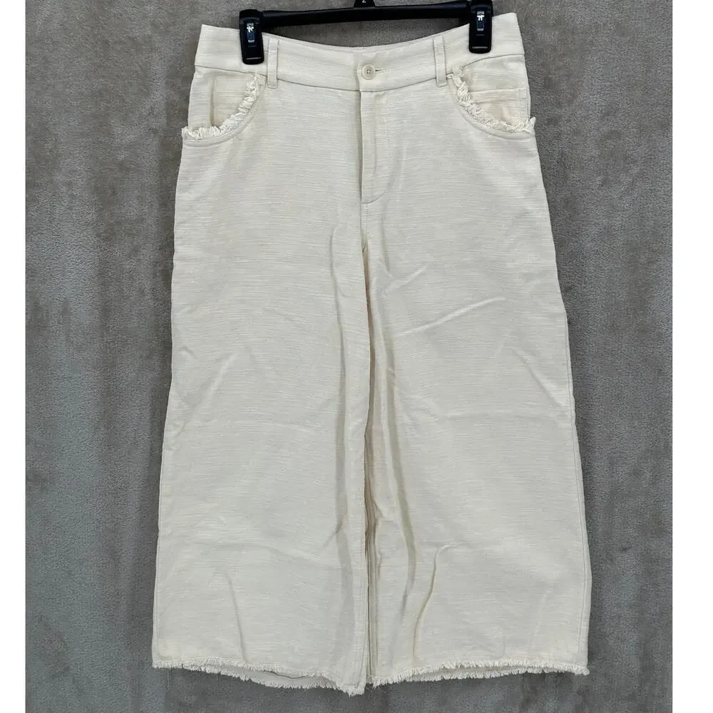 Arje Jeans Women 6 Antique Ivory Wide Leg Crop Boho Festival 100% Cotton Italian